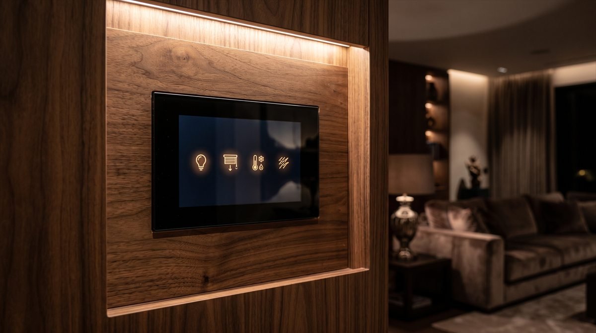 Pantalla táctil KNX empotrada en pared de nogal